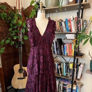 Lulus Molinetto Burgundy Lace Ruffled Tiered Sleeveless Maxi Dress